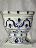 vintage porcelain flower pot with blue-green decor h : 21,00 cm